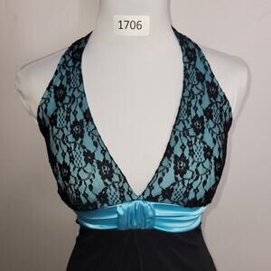 Taboo Babydoll Maxi Halter Dress XS Black Lace Turquoise Sheer Whimsigoth HoCo